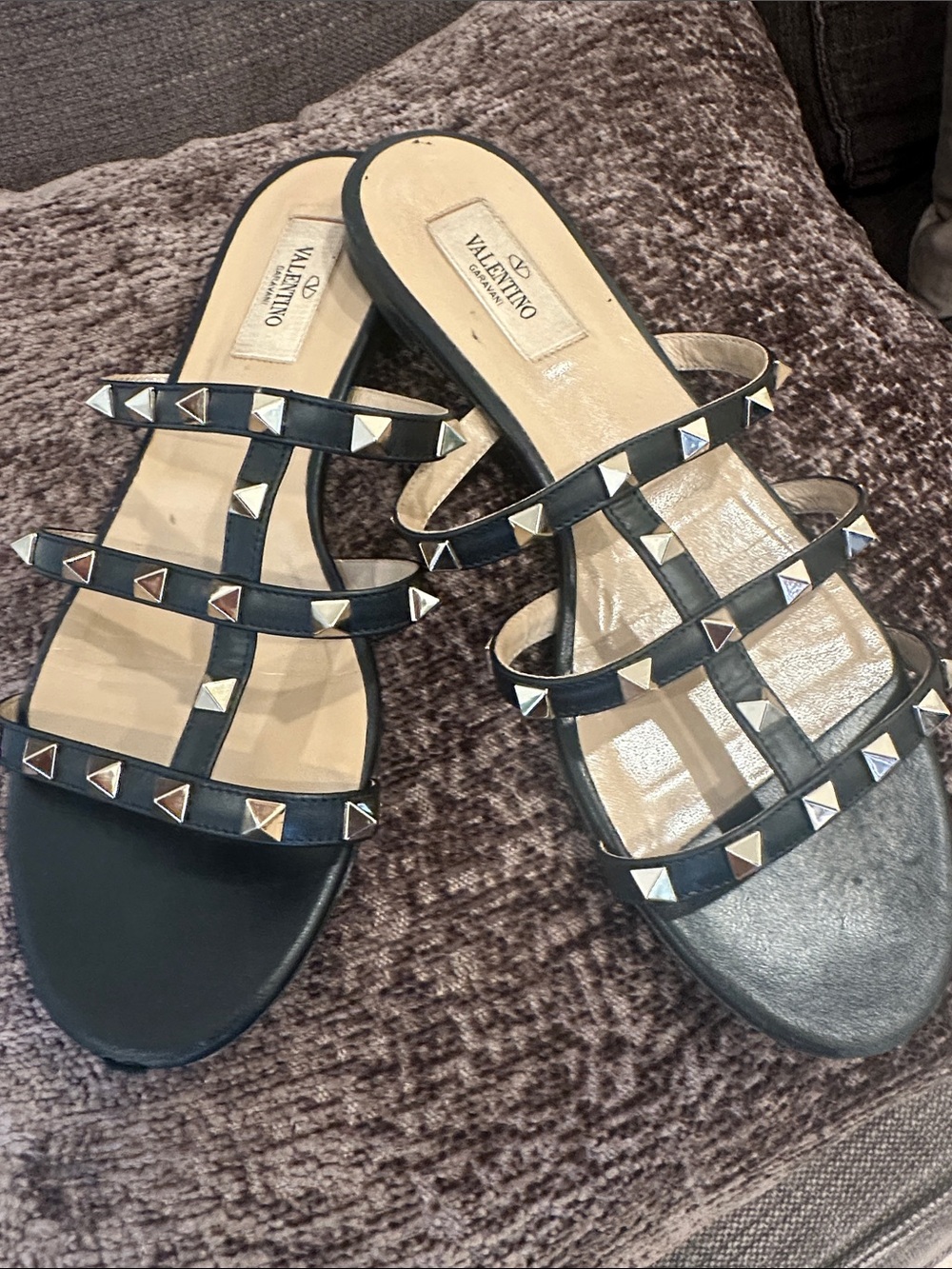 Valentino Black Leather Rockstud Multi-Strap Slide Sandals